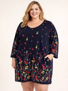 Ulla Popken Navy with flowers 28/30 Women's Tunic Top 100% Cotton o